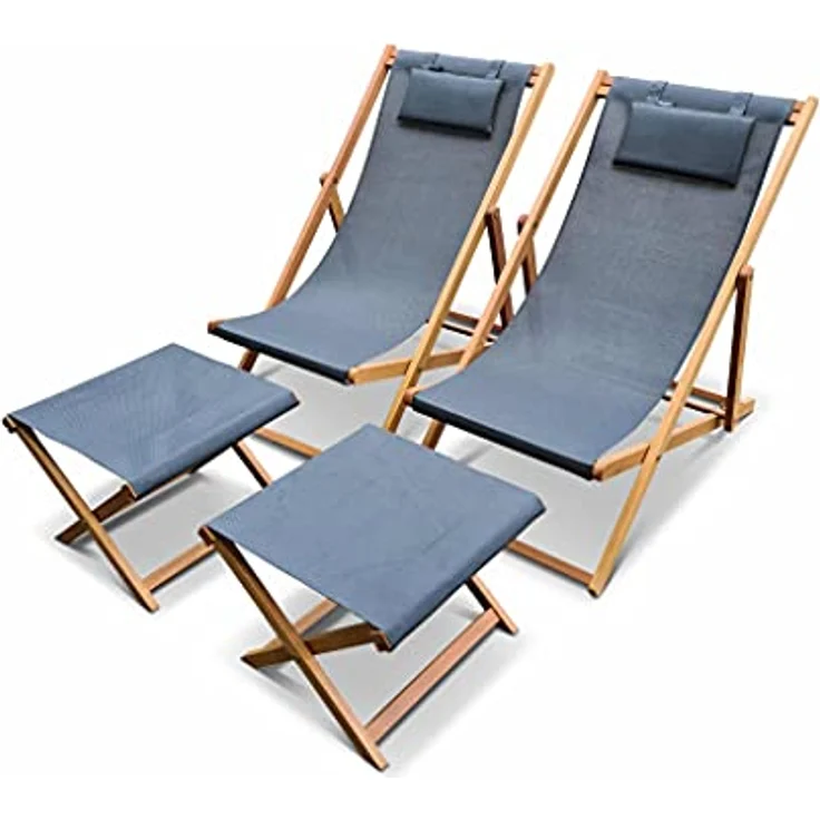 Alice's Garden Creus, 2er-Set Liegestühle aus geöltem Eukalyptus, Multi-Position mit Kopfstützpolster in Grau und Fußstütze – Bild 1