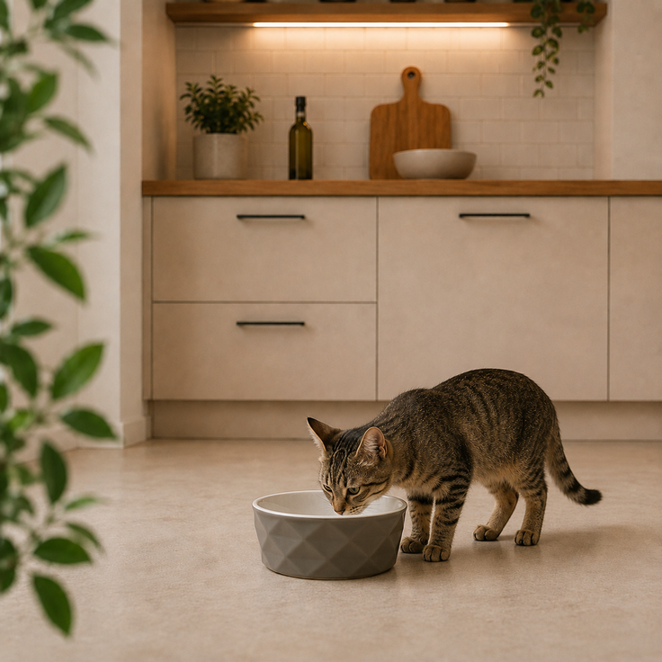 belviona Katzennapf aus Keramik, rutschfester Futter- & Wassernapf mit Silikonboden, robust & spülmaschinengeeignet, 350 ml, dunkelgrau/hellgrau matt
