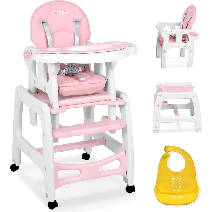 Kinderhochstuhl Babyhochstuhl Mitwachsender Multifunktions Hochstuhl 5in1 Tisch + Babystuhl regulierbar Schaukelfunktion SINCO Ricokids (Rosa)