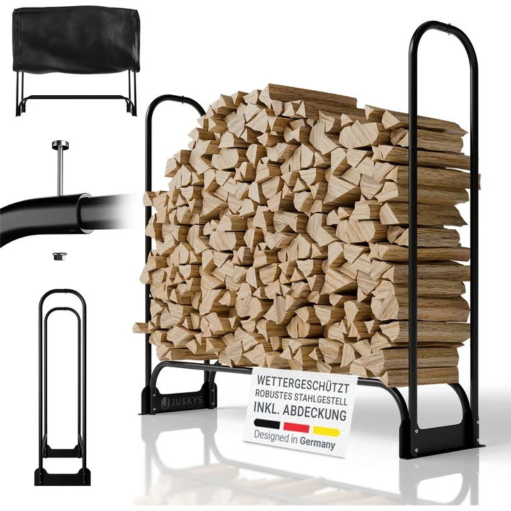 Juskys Kaminholzregal M 130x117x36 cm – Schwarz, Brennholzregal aus Stahl mit Abdeckung, Holzunterstand für Garten & Terrasse, 200 kg belastbar – Bild 1