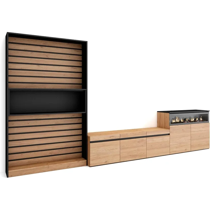 Skraut Home | Wohnwand Wohnzimmer | Wohnzimmermöbel, Möbelset | 360 x 186 x 35 cm | Für TV-Geräte bis zu 65" | Elektrokamin. | Moderner Stil | Eiche Schwarz