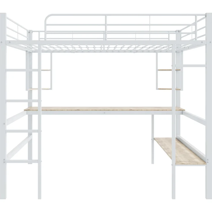 Weißes Metall-Hochbett 140×200cm mit Schreibtisch, 4 kleinen Eckregalen + großem Bücherregal, Stahl+E1-MDF, Weiß, ohne Lattenrost & Matratze, Gesamt L204 × T145 × H180 cm – Bild 5
