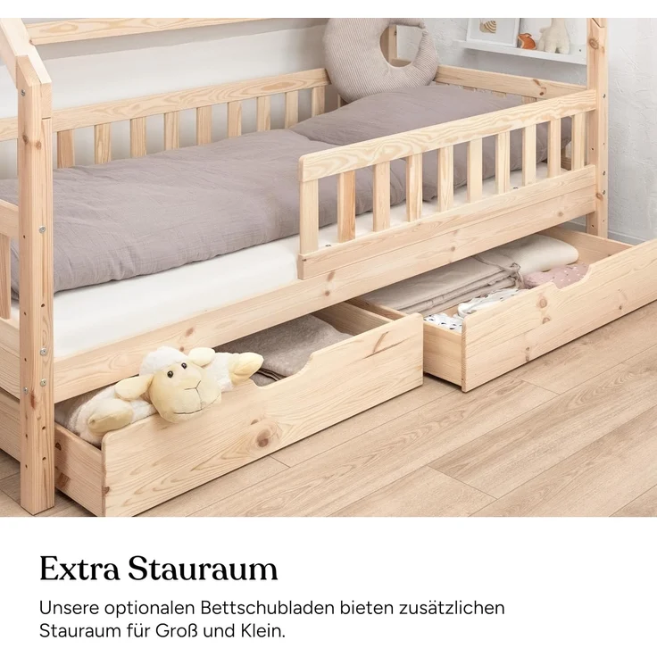 Ehrenkind® Hausbett | Kinderbett mit abnehmbaren Rausfallschutz aus Massivholz FSC zertifziert inkl. Lattenrost | Hausbett 90x200 | Kinderbett 90x200 Natur – Bild 7