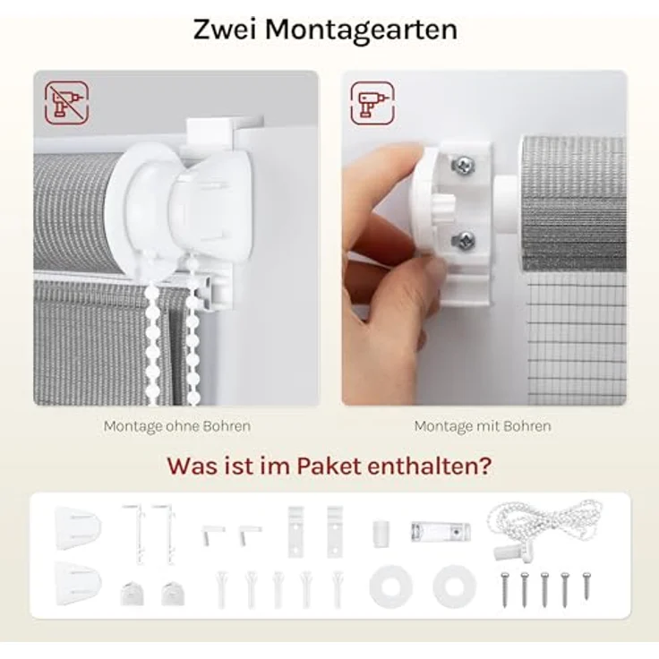 WOLTU Doppelrollo Klemmfix ohne Bohren Holzlook Grau B70 x H150 cm, Duo Rollo lichtdurchlässig Fensterrollo für innen verdunkelnd, Zebrarollo mit Kettenzug - Seitenzugrollo für Fenster und Tür – Bild 4