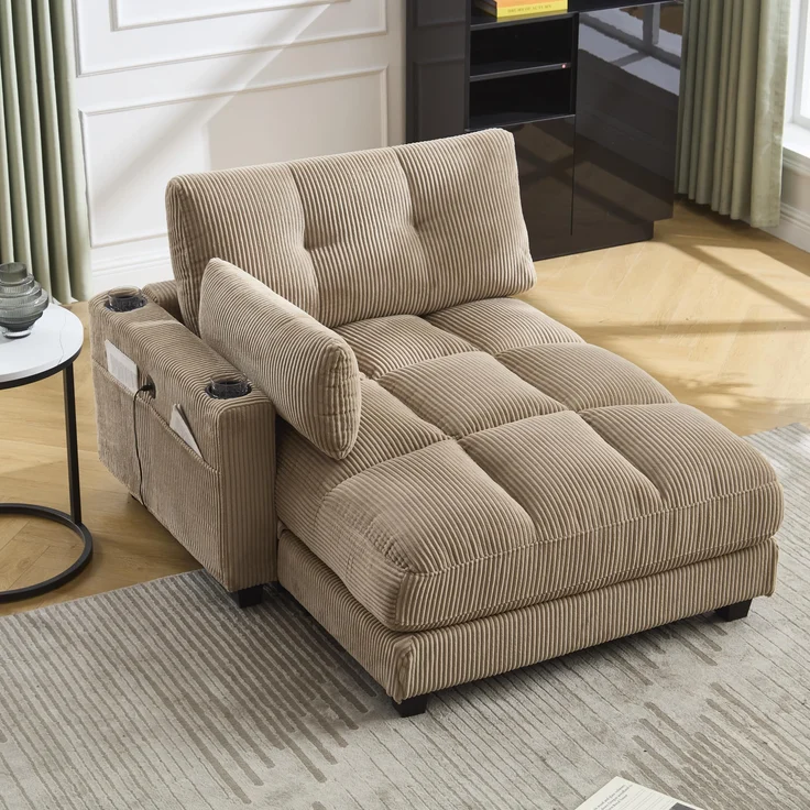 Ball & Cast Sessel Palm, Sofabed mit 2 Getränkehalter und Seitentasche, Schlafsessel mit 2 USB-Anschlüssen + Type-C-Anschluss, 140 x 112 x 81 cm, Khaki