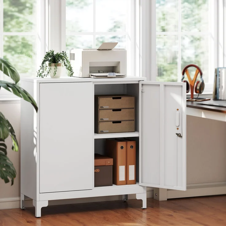 MELAYR, Büroschrank aus Metall, verschließbare Türen, Bürokommode, 2-stufiges Design, Weiß, 80 x 35 x 91 cm – Bild 4