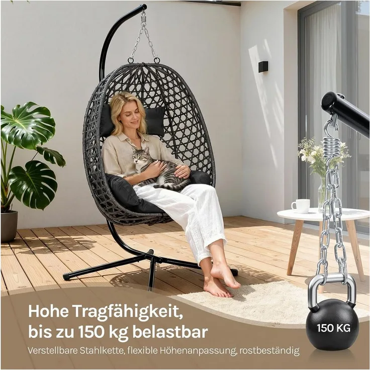 Woltu Hängesessel, mit Kissen und Kopfstütze, bis 150 kg belastbar, schwarz/grau