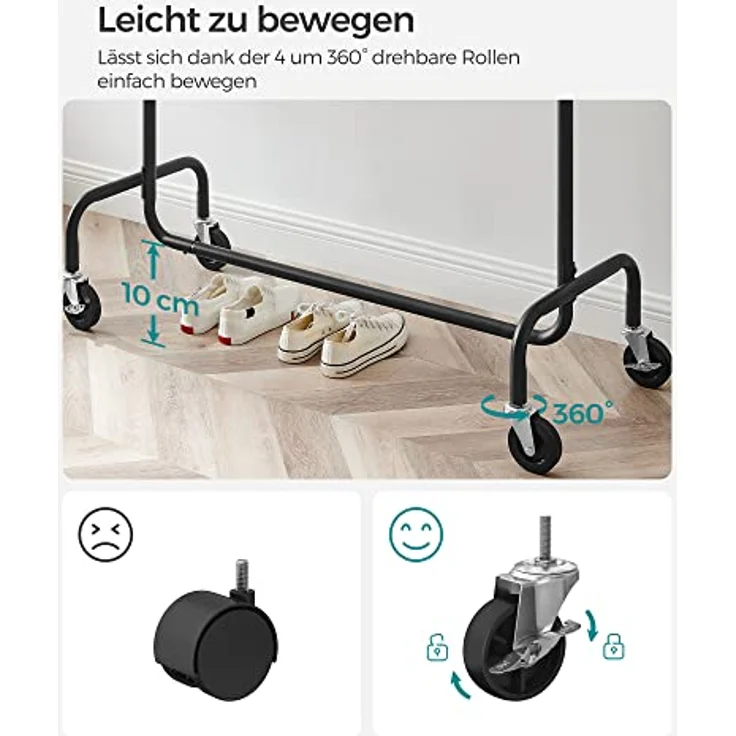 SONGMICS Kleiderständer auf Rollen, Garderobenständer, hochbelastbar, ausziehbare Kleiderstange, bis 130 kg belastbar, 45 x (110-150) x 162,9 cm, aus Metall, verchromt, Mattschwarz HSR011B01 – Bild 5