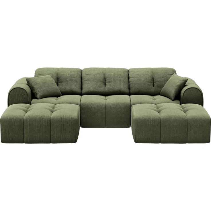 skølm 'Vanaheim' Sofa 3 Sitzer mit 2 Hockern & 2 Kissen, Chenille dunkelgrün