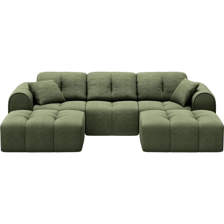 skølm 'Vanaheim' Sofa 3 Sitzer mit 2 Hockern & 2 Kissen, Chenille dunkelgrün