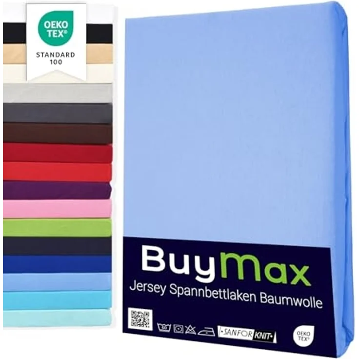 Buymax® Topper Spannbettlaken 200x200 cm Spannbetttuch 100% Baumwolle Jersey für Matratzentopper bis 12 cm Matratzenhöhe Bettlaken für Boxspringbett Topper, Blau Hellblau – Bild 1