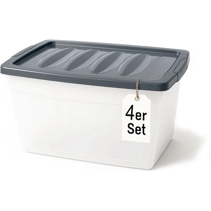 BigDean 4x 60 L Aufbewahrungsbox mit Deckel groß Budget Line Plastikbox mit Deckel