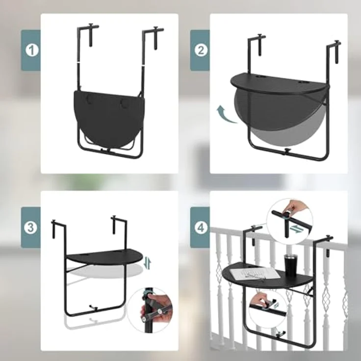 WOLTU Balkonhängetisch, Balkontisch zum Hängen, Hängetisch klappbar Beistelltisch Gartentisch, Klapptisch mit 3 Höhen, 2 Tassenhalterungen, in Rattan-Optik, 59,5x39 cm Schwarz – Bild 4