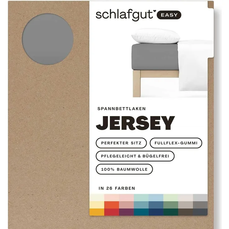 Schlafgut 'Easy' Spannbettlaken, Jersey, 100% Baumwolle, rundum Gummizug, für Matratzen bis 22 cm Höhe, Grey Mid, S 90x190 cm - 100x200 cm