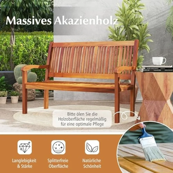 FANTASK Gartenbank Holz, für 2-3 Sitzer, Balkonbank aus Akazienholz bis 320 kg belastbar, 126 x 63 x 91 cm, Natur – Bild 4