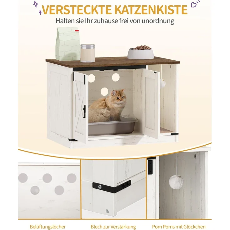 Katzenschrank, Katzentoilette, Katzenklo Schrank, Versteckte Katzentoilette Kabinett Möbel mit Katzenglocke, Indoor-Katzenhaus, 80 x 50 x 53 cm, für Flur, Schlafzimmer, Vintagebraun-Weiß – Bild 5