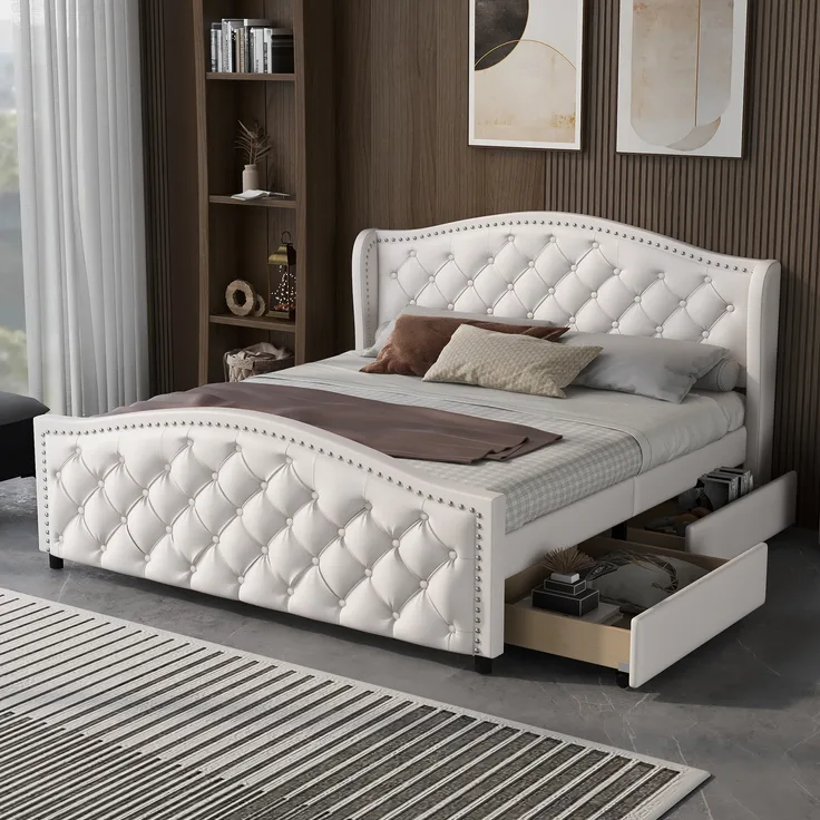 Polsterbett 140x200 cm mit Lattenrost – Jugendbett in Weiß mit 2 Schubladen und Kopfteil(Ohne Matratze)