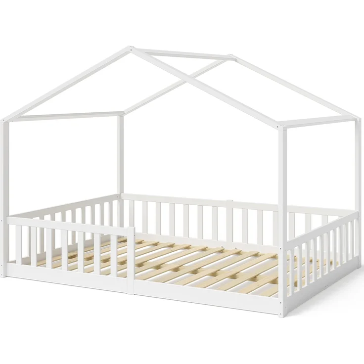 Bellabino 'Bia' Hausbett 140x200 cm, weiß, Kiefer Massivholz, Bodenbett in Hausoptik, Montessori Kinderbett mit Rausfallschutz und Lattenrost – Bild 2