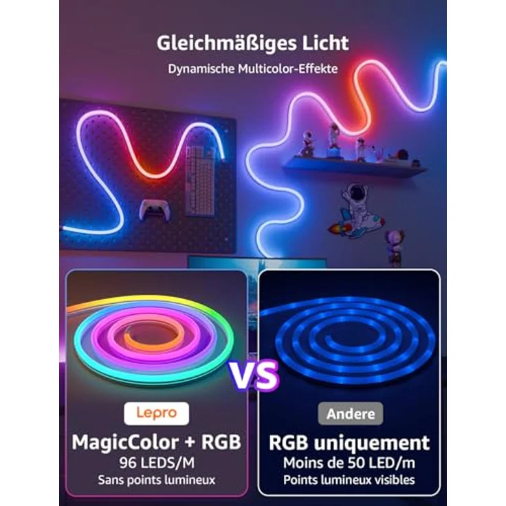 Lepro Neon LED Strip 3m, Neon LED Streifen mit App Steuerung, Musik Sync & Sprachsteuerung, funktioniert mit Alexa & Google Assistant, Flexibles RGB Lichtband für Wohnzimmer, Gaming, Party&Wanddeko – Bild 12