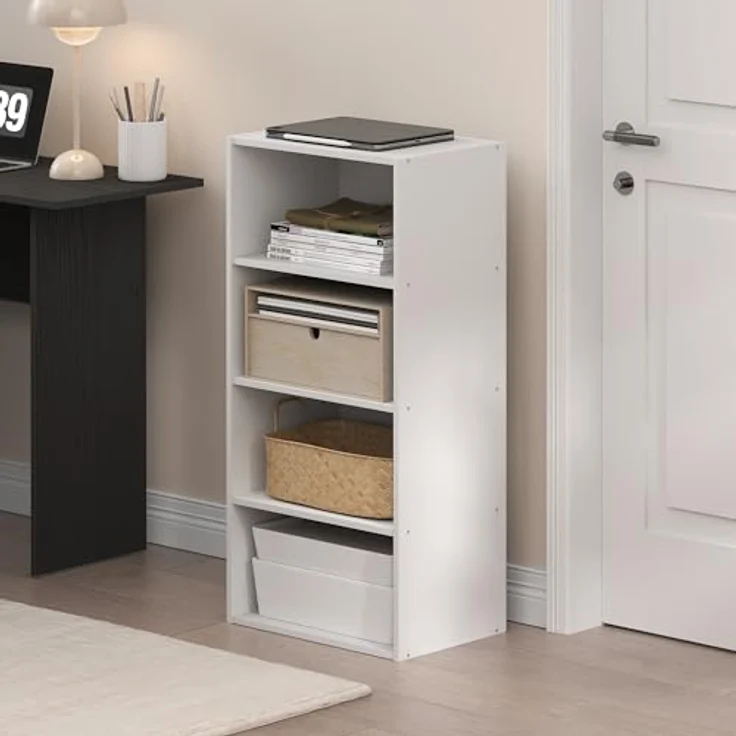 Furinno Basic 4-stöckiges offenes Bücherregal, Bücherregal, Aufbewahrungsorganizer, 11 x 17 x 35, Weiß – Bild 2