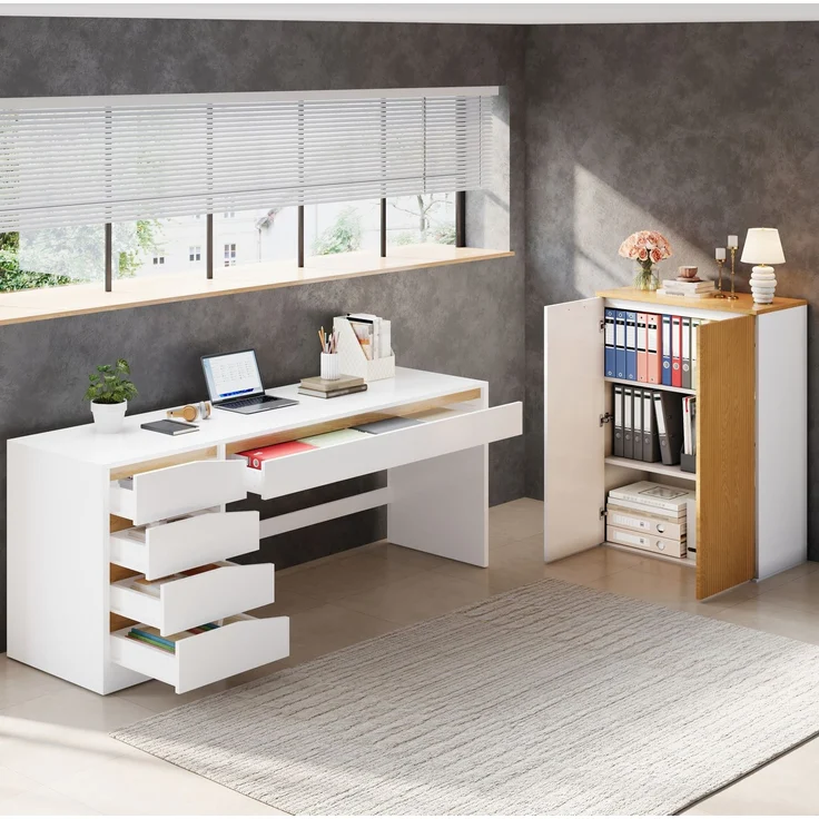Schreibtisch-Set 140x50x78/92 cm mit Aktenschrank 80x40x110 cm, MDF in Weiß/Eiche – Bild 3