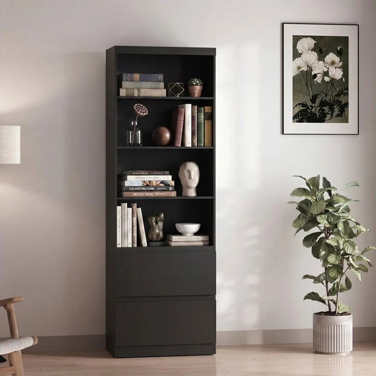 Blishom Bücherregal Schmales Bücherregal mit 4 Ablagen und 2 Schubladen, Offener Aufbewahrungsschrank mit Kippschutz – Bild 2