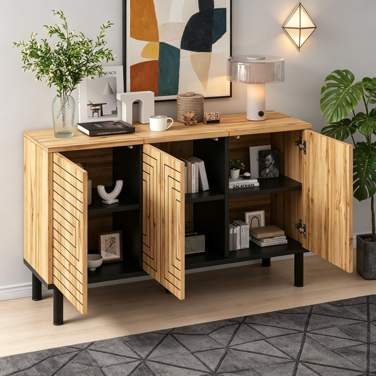 Merax Sideboard mit Wellenmuster, 3 Türen mit Rückprallmechanismus, MDF Aufbewahrungsschrank, Küchenschrank, Aufbewahrungsschrank, Holzfarbe – Bild 8