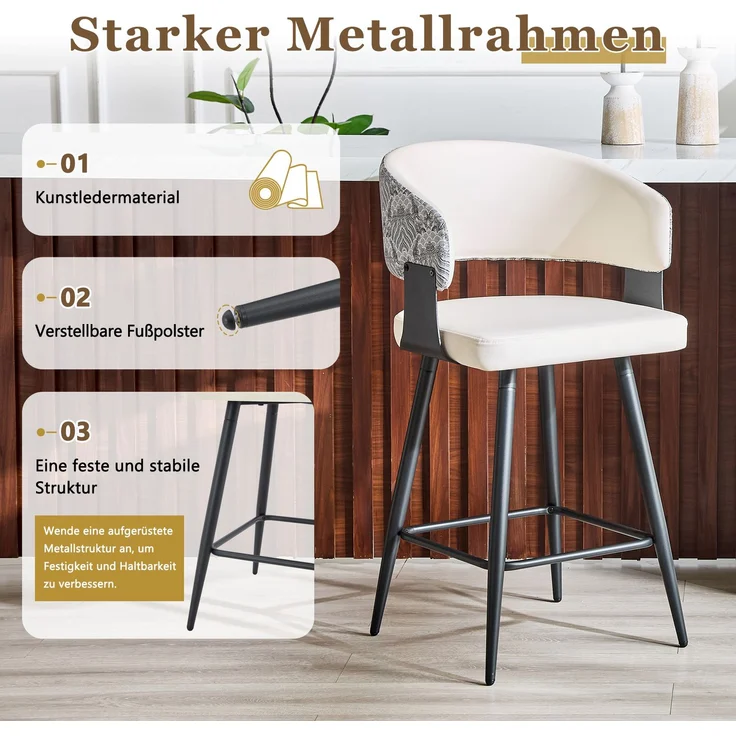 2er-Set Barhocker mit Rückenlehne, moderner Küchenhocker, Kunstleder Sitz, Metallgestell, stabile Fußstütze, ergonomisches Design, nur Stühle, ohne Tisch--Weiß1--47x46.5x94.5cm--YOUDENOVA – Bild 7