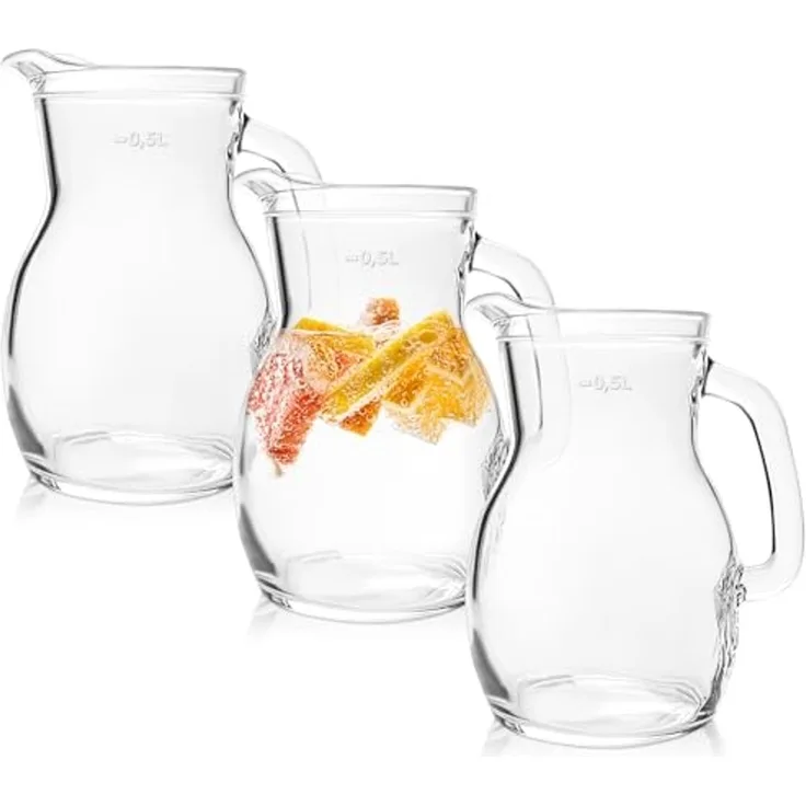 KONZEPT Wasserkrug Glaskrug Transparent Ergonomischer Griff, (3-tlg), Volumen: 1L, 500 ml, 250 ml. Set 1/2/3 Stk.