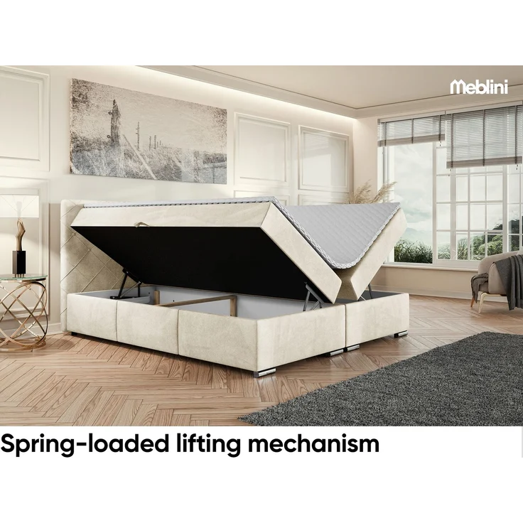 MEBLINI Boxspringbett MALDINI 160x200cm - H3P/Creme Samt - mit Bettkasten - Polsterbett - Doppelbett mit Topper & Taschenfederkern-Matratze – Bild 3