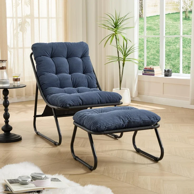 LVHOM Sessel mit Hocker, Gepolsterter Loungesessel aus Cord mit Metallgestell, ergonomischer Relaxsessel für Wohnzimmer und Schlafzimmer, Dunkelblau – Bild 5