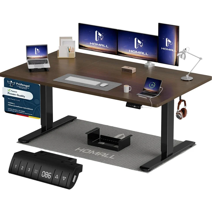 Homall Höhenverstellbarer Schreibtisch 140x70 cm mit USB-A Ladeanschluss, Elektrischer Schreibtisch mit Kabel Management Tray, Standing Desk mit 3 Memory Funktion, Computertisch Nussbaum