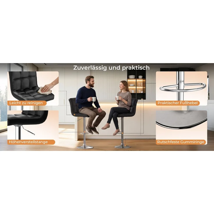 Botifly 2er Set Barhocker Schwarz Kunstleder Höhenverstellbar 60-80cm 360° Drehbar mit Fußstütze, SGS Zertifiziert für Küche Bar – Bild 10