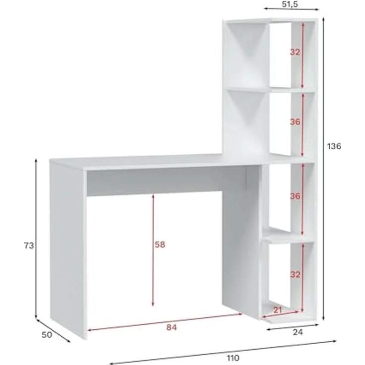 Dmora - Pittston-Schreibtisch, linearer Schreibtisch mit Bücherregal, platzsparender Mehrzweck-Bürotisch, 110x52h136 cm, Weiß – Bild 3