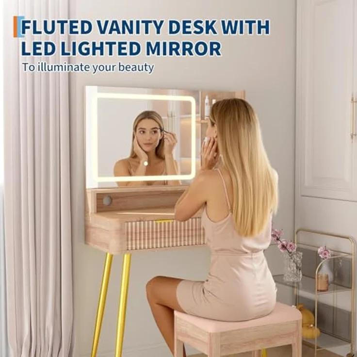 GarveeHome Beleuchteter Schminktisch mit Spiegel, 80 cm (31,5 Zoll) LED-Beleuchtung, 2 Schubladen, 3 Farblichtmodi und integrierter Steckdose für mehr Stauraum und Ordnung im Schlafzimmer – Bild 6
