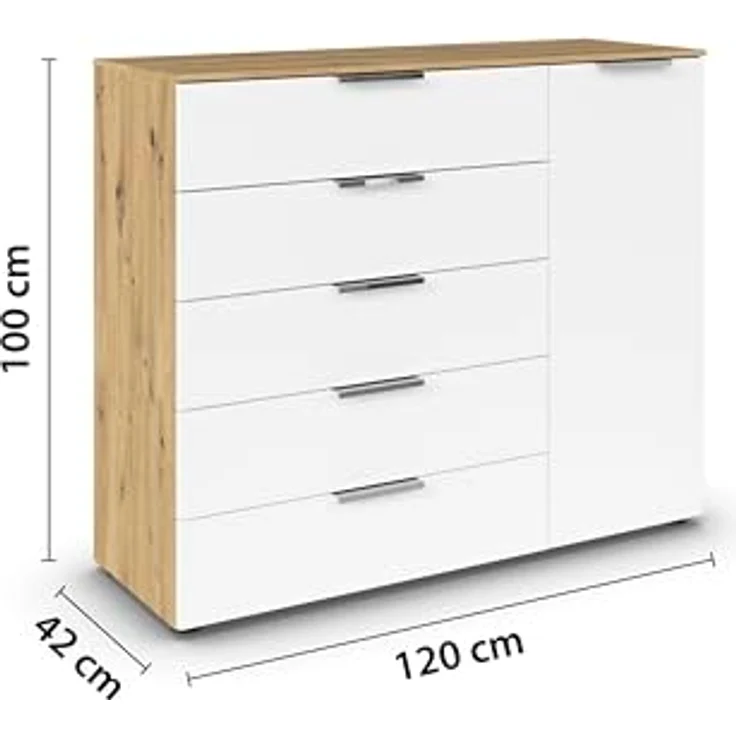 Rauch Möbel Flipp, Kommode für Schlafzimmer, Kinderzimmer, Wohnzimmer, Jugendzimmer, Flur, Garderobe, 1-türig, 5 Schubladen, mit Softclose-Funktion, Farbe Eiche Artisan, Holz/Weiß, Breite 120 cm – Bild 4