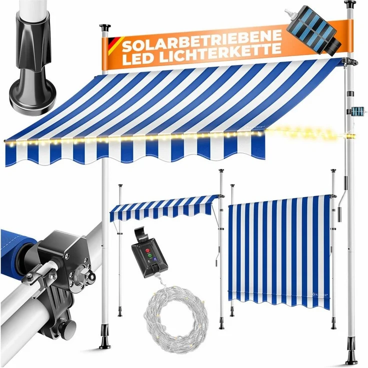 KESSER® Klemmmarkise mit Handkurbel & LED Lichterkette | Balkonmarkise ohne Bohren | Markise UV-beständig höhenverstellbar & wasserabweisend | Sonnenschutz für Balkon Terrasse & Garten 250cm, Blau / Weiß – Bild 1
