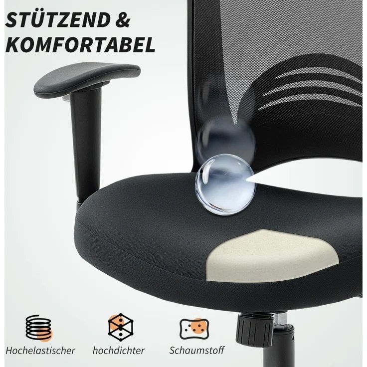 Bürostuhl ergonomisch mit Netzrücken und Wippfunktion, höhenverstellbarer Drehstuhl mit verstellbaren Armlehnen, 102.5 x 65 x 59 cm, Schwarz – Bild 4