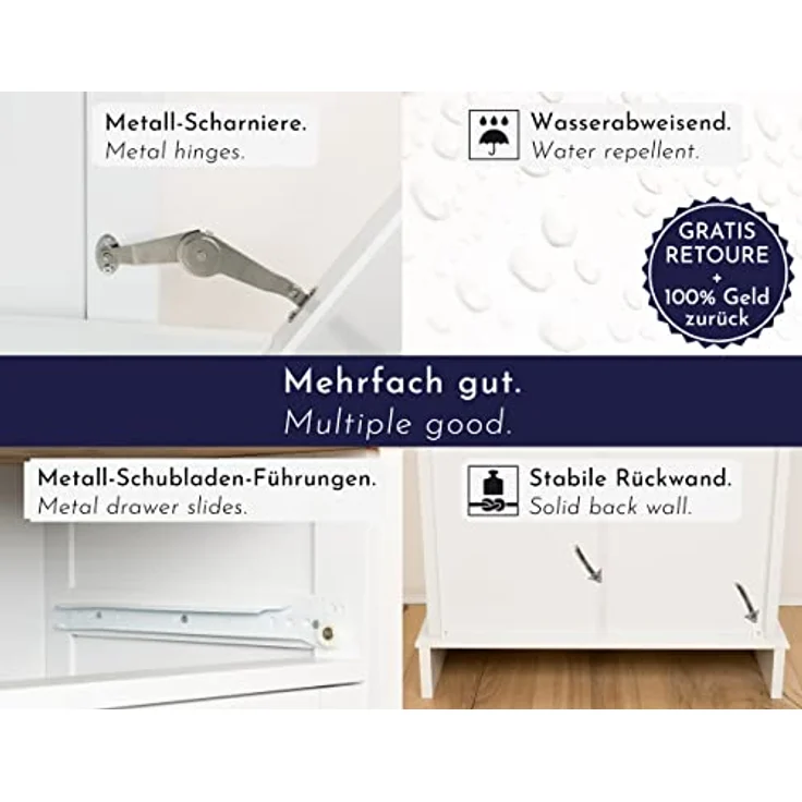 WONDERMAKE Wäschebox Mülleimer-Schrank, hoch aus weißem MDF und Bambus mit Schublade, 51 x 37 x 82 cm, klappbar – Bild 6