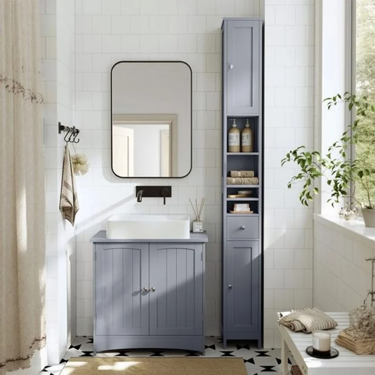 VASAGLE Badezimmerschrank, Badschrank, hoch, schmaler Aufbewahrungsschrank, mit verstellbaren Ablagen, Schublade, offenen Fächern, für kleine Räume, modern – Bild 1