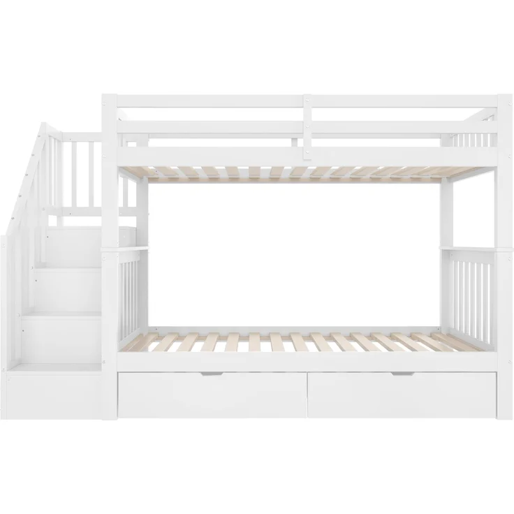 Etagenbett 90x200 cm mit Treppenregal, zwei Schubladen, hohes Sicherheitsgeländer mit Stauraum, Weiß – Bild 9