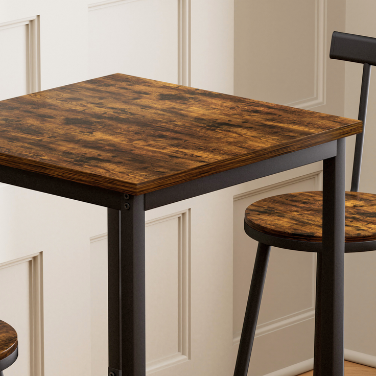 Bartisch-Set 60x60x92 cm mit 2 Hockern, industrial, rustikale Brauntöne, Stahlgestell und pflegeleichte Spanplatte – Bild 8