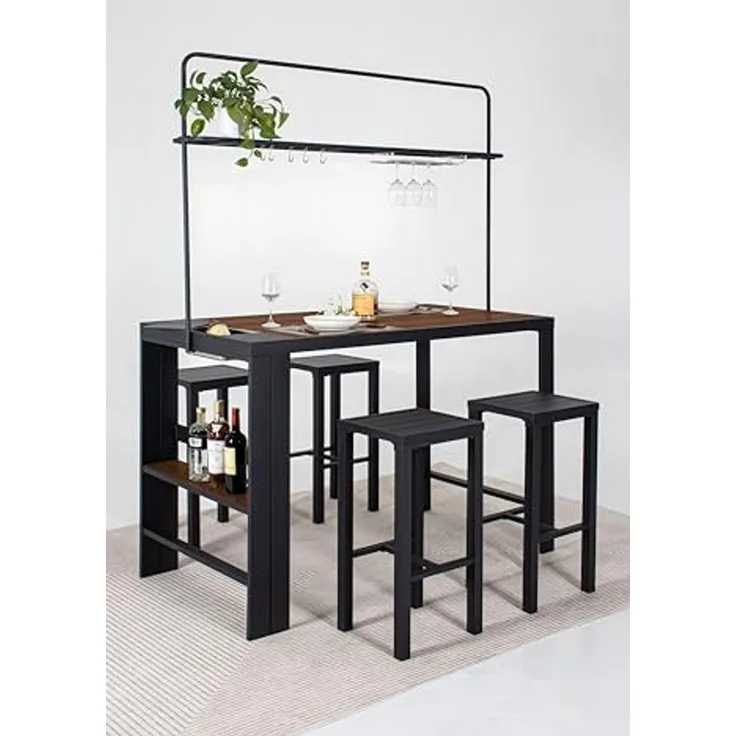 LECO Bar-Sitzgruppe/Gartentheke ELSA, 1 Theke mit 4 Hockern, Aluminiumgestell anthrazit, Silikatplatten in Holzoptik, 1,57x0,80x2,09 m
