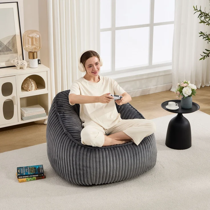Bean Bag Stuhl mit Memory-Schaumstofffüllung, gestreifter Blasen-Plüsch, flauschig, gemütlich, gemütlicher Sofa für Wohnzimmer, Wohnungen und Schlafsäle--Dunkelgrau--98x92x73cm--YOUDENOVA – Bild 3