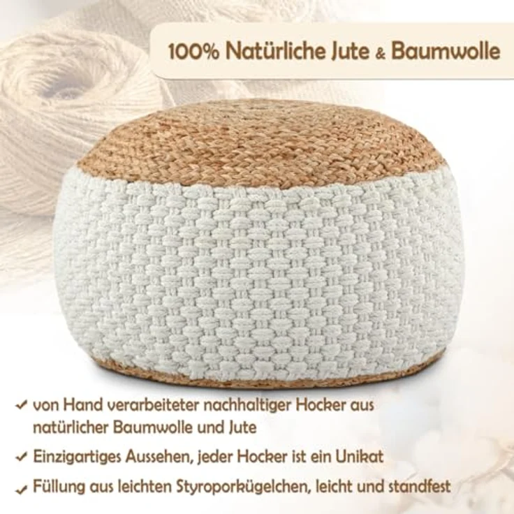 Amagohome Sitzhocker Sitzhocker Sitzpouf Jute Bodenkissen rund quadratisch Deko Hocker Fußh – Bild 3