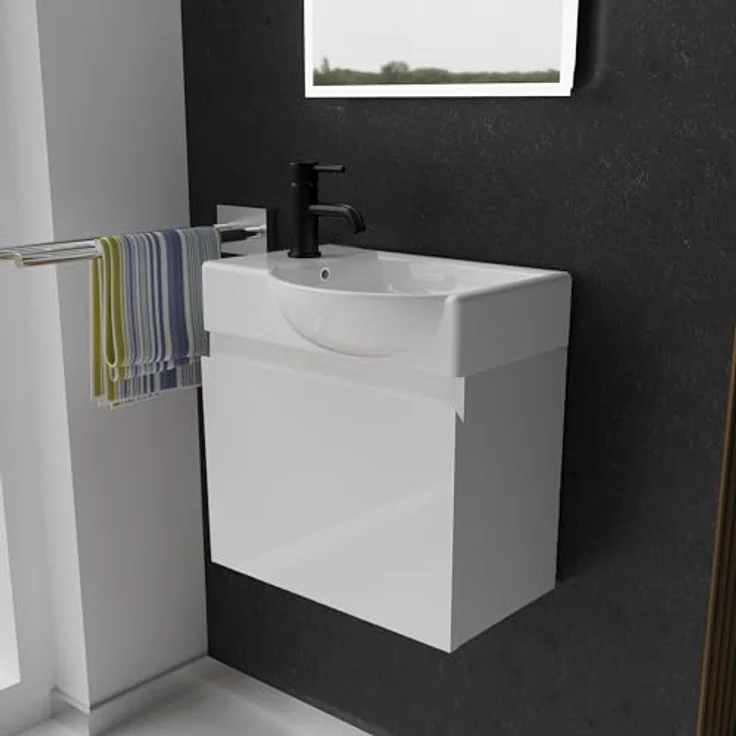 Alpenberger Badmöbel-Set - Gäste WC Waschbecken mit Unterschrank 45 cm Breit, (Badschrank 2-tlg, Waschtisch hängend), Waschbeckenunterschrank mit Softclose - Weiß - Rechts Becken – Bild 2