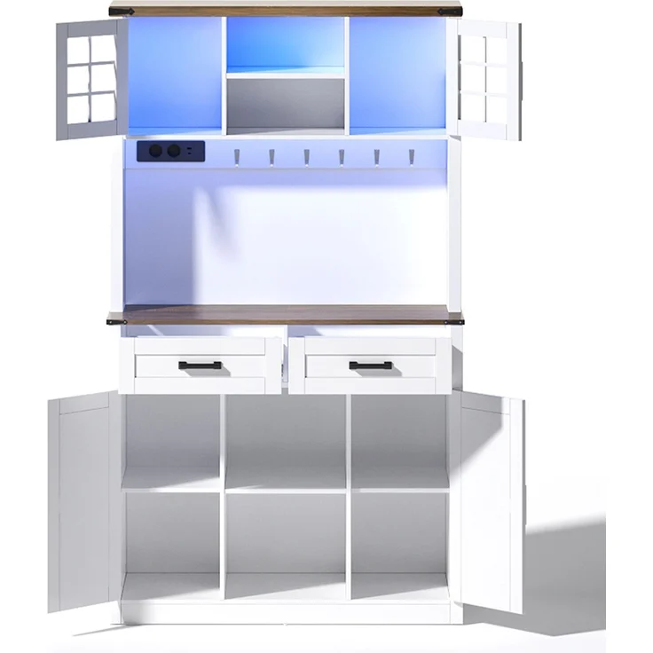 ZUBALIYA Buffetschrank 100x40x172 cm, mit LED-Beleuchtung, mit Steckdosen, mit verstellbaren Einlegeböden, aus MDF, Braun / Weiß – Bild 22