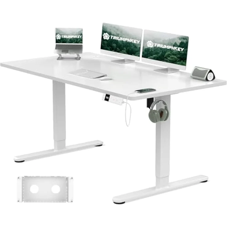 TRIUMPHKEY Höhenverstellbarer Schreibtisch 140x80cm mit Typ-C Ladeanschluss, Schreibtisch Höhenverstellbarer mit Kabel Management Tray, Standing Desk mit 3 Memory Funktion, Weiß – Bild 1