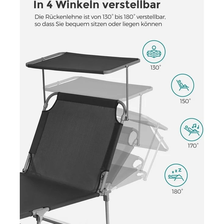 Songmics Gartenliege klappbar, mit Kopfstütze und verstellbarer Rückenlehne, 2x Sonnenliege, mit Seitentasche, Dunkelgrau, 71 x 200 x 38 cm – Bild 3
