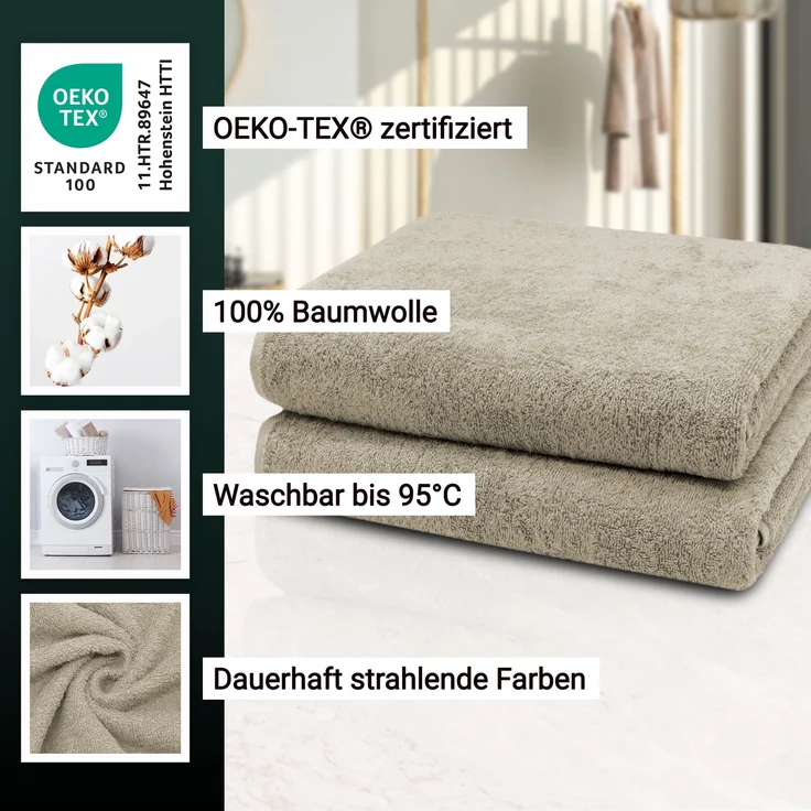 ZOLLNER 2er Set Badetücher, 100% Baumwolle, 100x150 cm, 420g/qm, hellbraun (cappuccion) – Bild 2